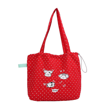 Cute Polka Dot Puppy Embroidery Shoulder Bag Cartoon Graffiti Nylon Tote Lightweight Large Capacity