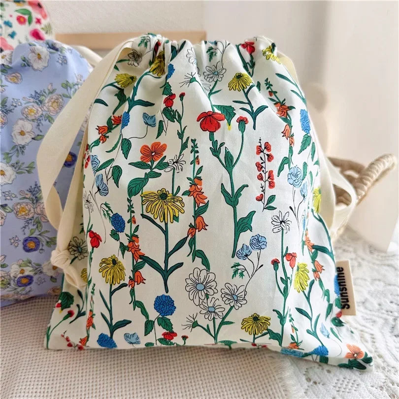 Floral Cotton Drawstring Travel Organizer Bag