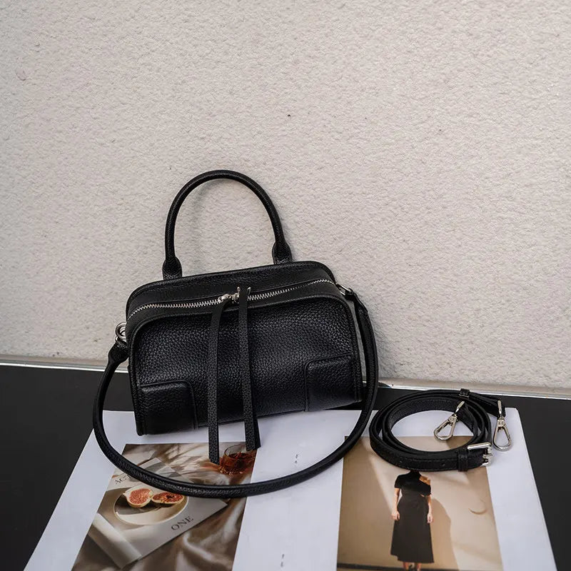 Genuine Leather Mini Boston Bag – Women's Luxury Top Handle Crossbody