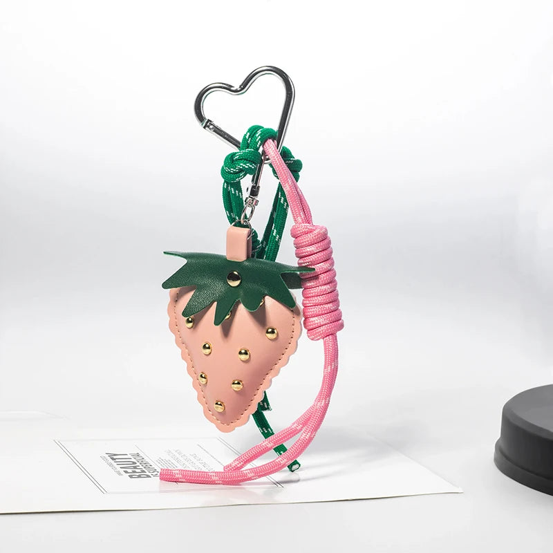Strawberry Bag Charm Keychain – Leather Pendant & Rope Tassel