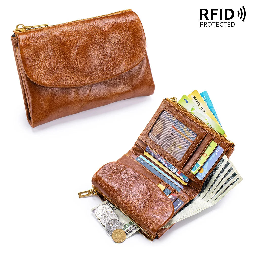 Genuine Leather RFID Wallet – Vintage Flap-Over Multi-Pocket Purse