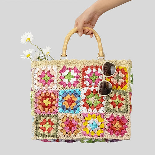 Bohemian Granny Square Staw Handbags Casual Paper Woven Bamboo Handle Women Hand Bags Handmade Summe