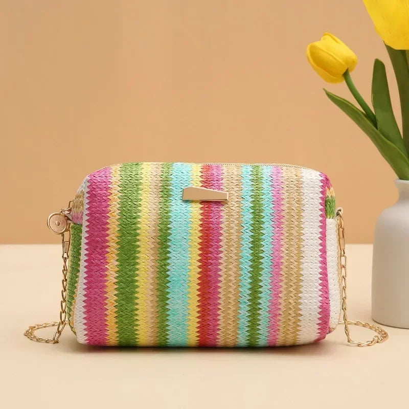Straw Woven Crossbody Bag Women Summer Beach Chain Shoulder Purse