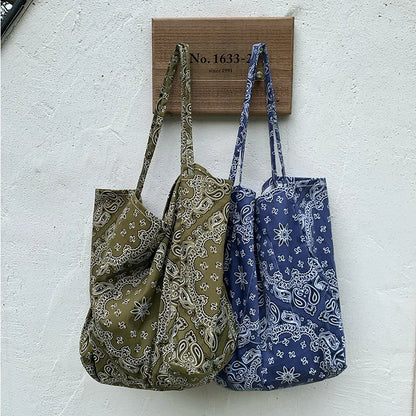 Retro Cashew Flower Shoulder Bag Student Canvas Large Capacity Handbag Casual Tote Woman