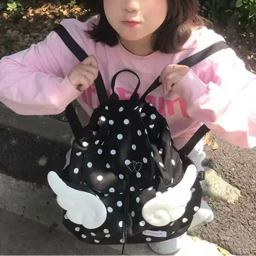 Y2K Polka Dot Backpack - 3D Angel Wings Kawaii Drawstring Bag for Girls