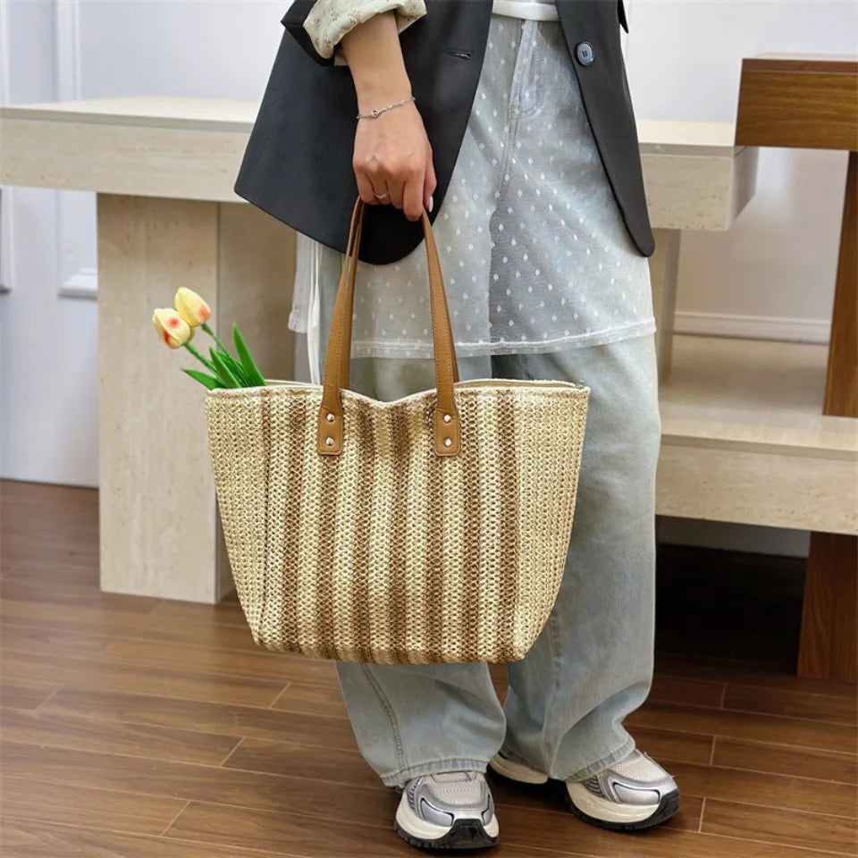 Striped Woven Straw Tote Bag – Large Capacity Shoulder Bag for Women