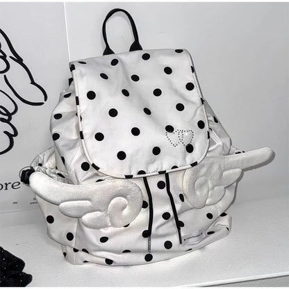 Y2K Polka Dot Backpack - 3D Angel Wings Kawaii Drawstring Bag for Girls