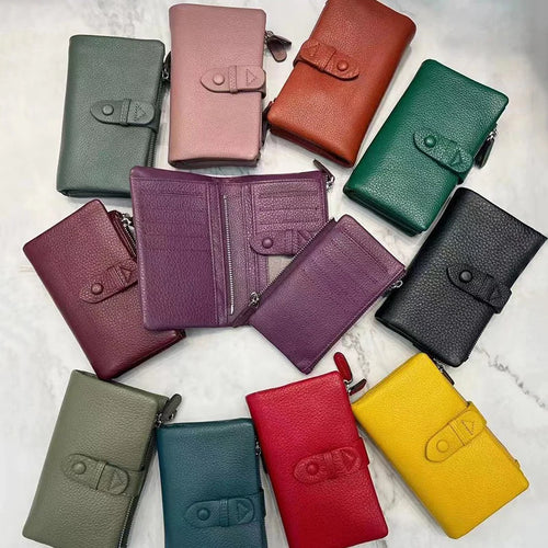 Genuine Leather Short Wallet for Women – Multifunctional Card Holder Zipper Coin Purse