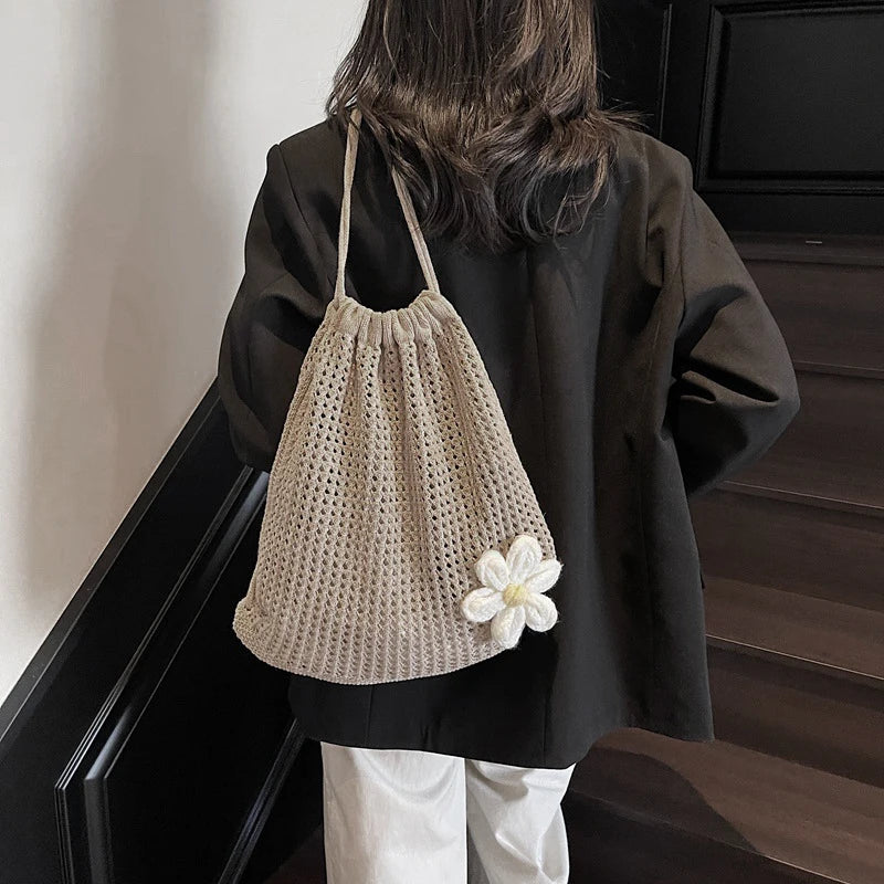 Crochet Drawstring Backpack for Women – Hollow Knit Flower Bag