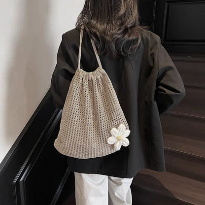 Crochet Drawstring Backpack for Women – Hollow Knit Flower Bag