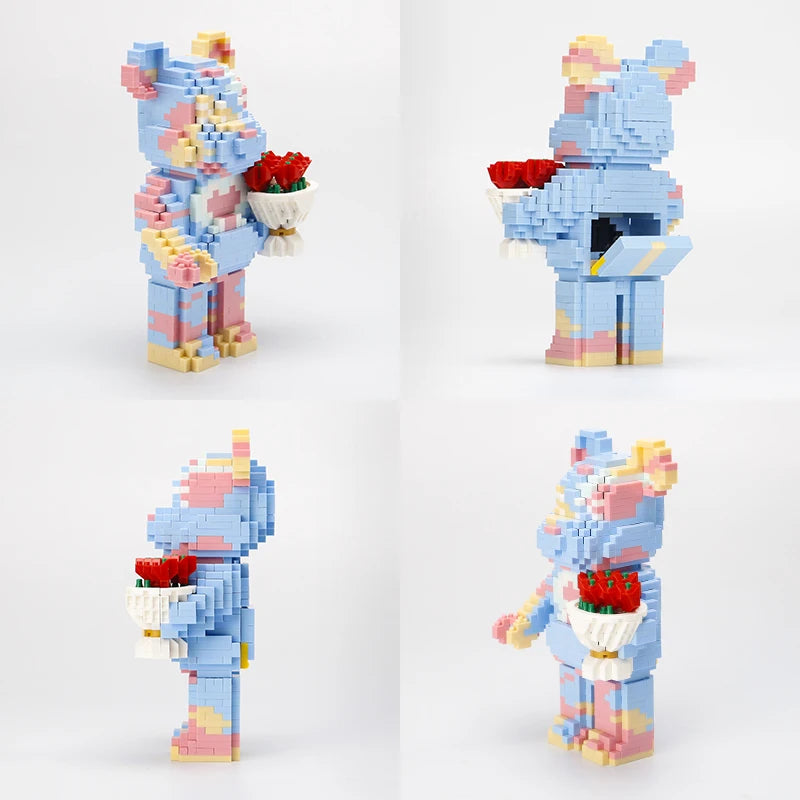 Kawaii Teddy Bear with Rose Bouquet Micro Building Blocks Set – 1090 Pieces