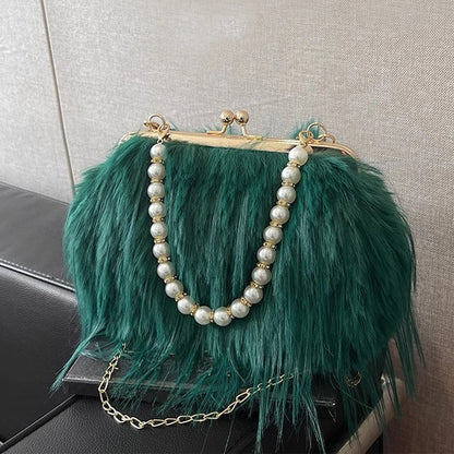 Plush Evening Bag – Fluffy Faux Fur Clutch with Pearl Handle
