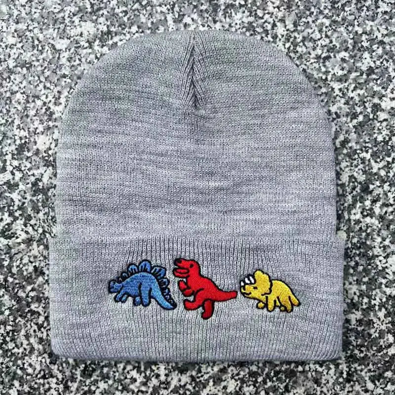 Dinosaur Embroidery Beanie Hat – Warm Knit Cap for Men & Women