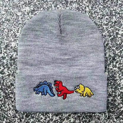 Dinosaur Embroidery Beanie Hat – Warm Knit Cap for Men & Women