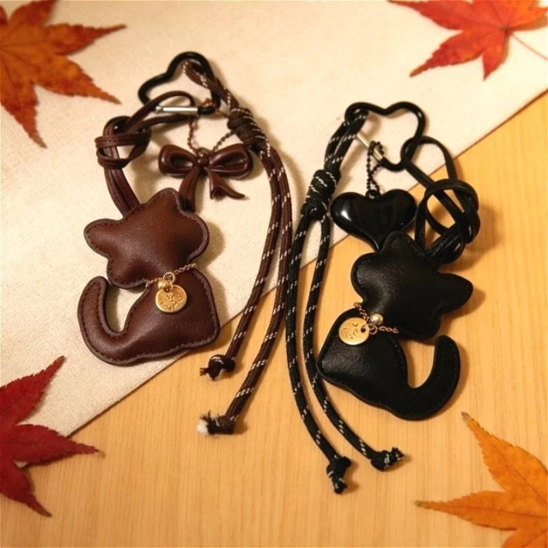 PU Leather Cat Bag Charm with Bow & Rope Tassel Pendant
