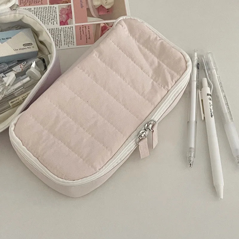Quilted Pencil Case – Fluffy Soft Fabric Zipper Pouch for Students