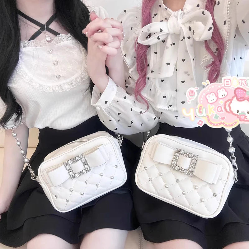 Diamond Bow Quilted Crossbody Bag – Women's Pearl Embellished Purse