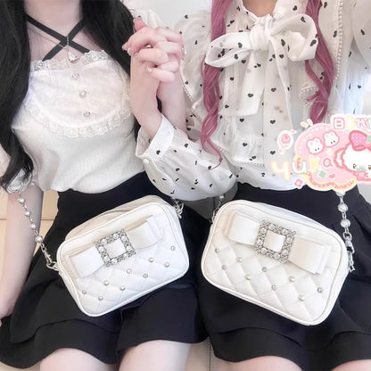 Diamond Bow Quilted Crossbody Bag – Women's Pearl Embellished Purse
