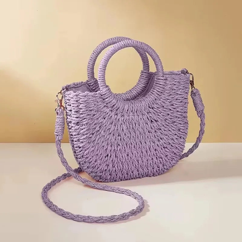 Woven Straw Handbag - Women's Half Moon Rattan Shoulder Bag