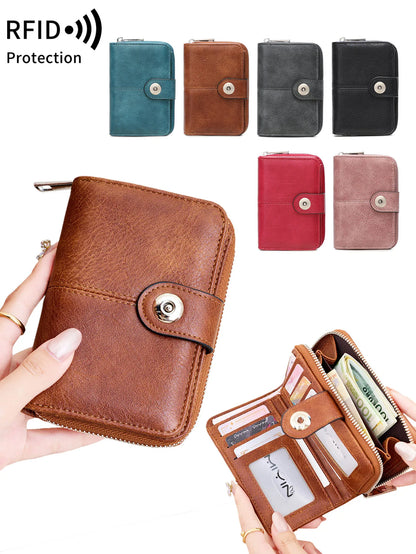 Women's RFID Blocking Short Wallet – Vintage Zipper Coin Purse & Card Holder