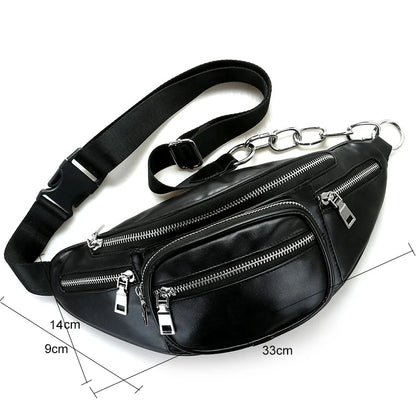 Punk Leather Fanny Pack for Women – Belt Waist Bag with Chain Detail