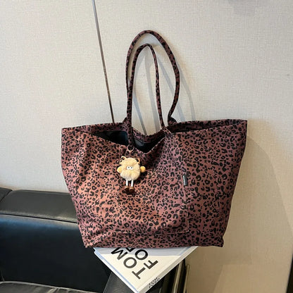 Leopard Print Canvas Tote Bag – Large Capacity Shoulder Handbag for Women