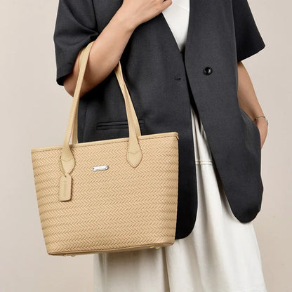 Women's Woven Texture Tote Bag – Large PU Leather Shoulder Work Bag