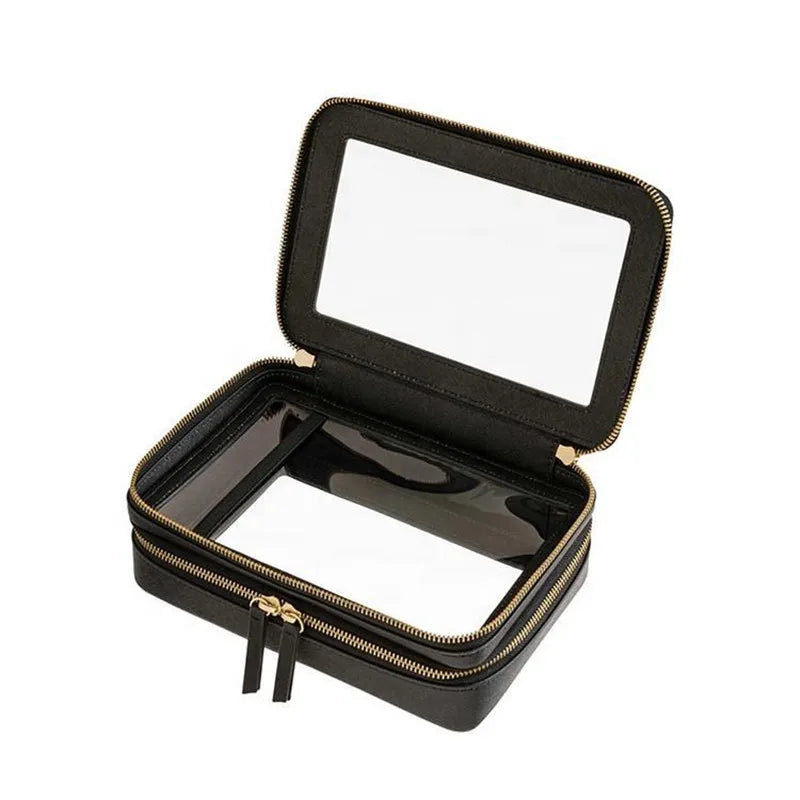 Transparent PVC Window Makeup Bag – PU Leather Travel Cosmetic Organizer
