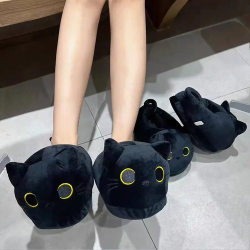 Black Cat Plush Slippers – Funny Warm Indoor House Shoes