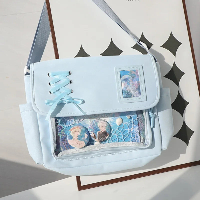 Canvas Crossbody Bag Kawaii Lace-Up Flap Shoulder Bag with Card Display