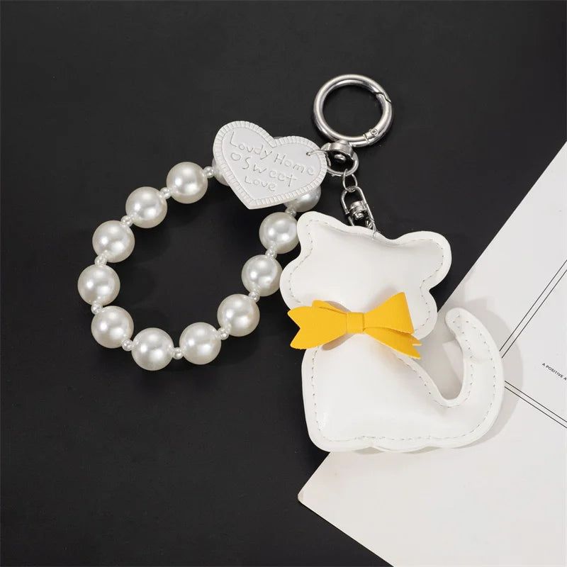 Cute Cat Leather Keychain with Pearl Bracelet & Bow