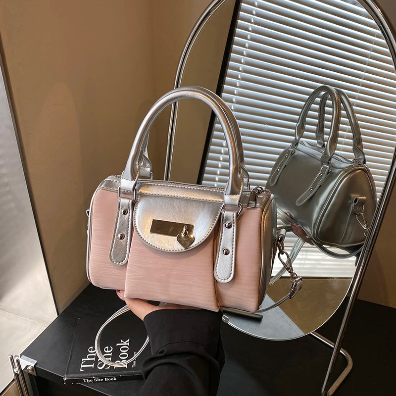 Moods Luxury Silver Trim Wave Texture Boston Bag Lady Mini Top Handle Handbag Detachable Strap