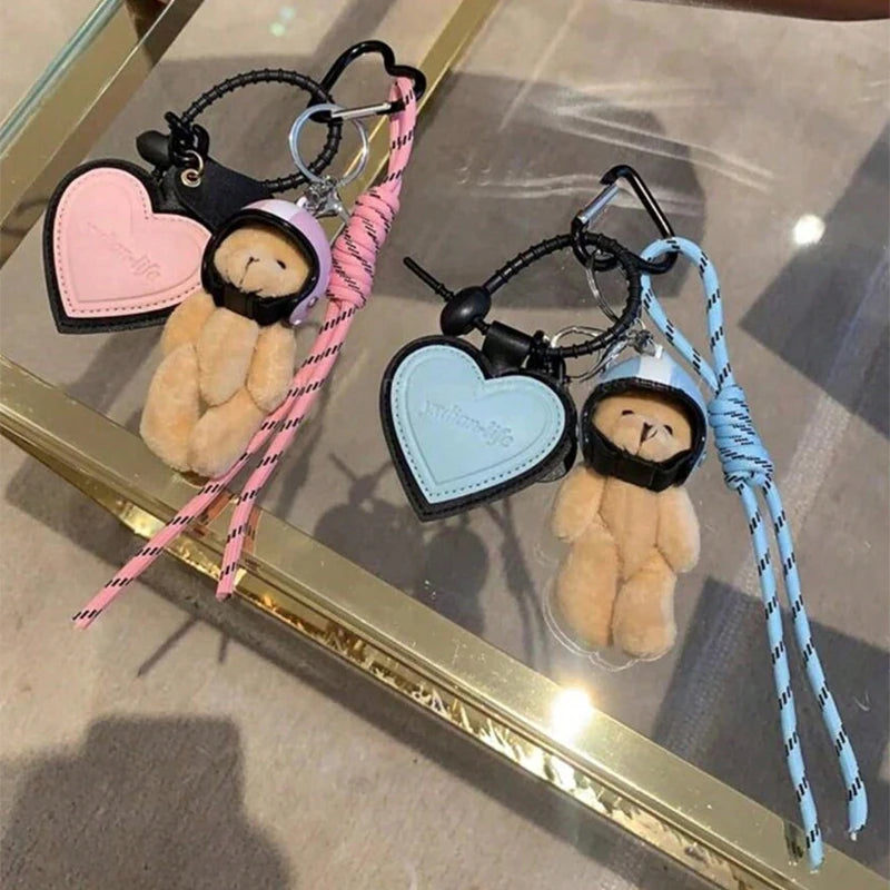 Bear Keychain – Cute Plush Helmet Bear Bag Charm with Heart