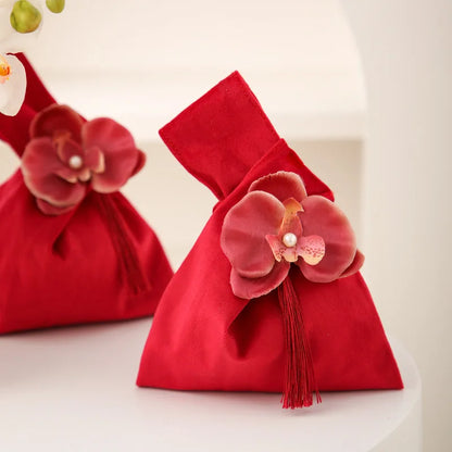 Velvet Flower Tassel Wrist Bag Chinese Style Jewelry Pouch