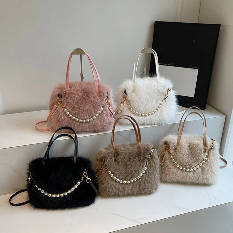 Fluffy Plush Crossbody Bag with Pearl Chain Handle