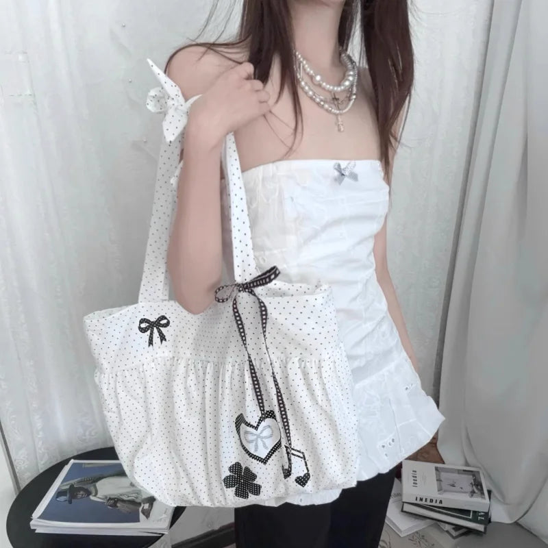Cute Bow Polka Dot Nylon Tote Bag for Women