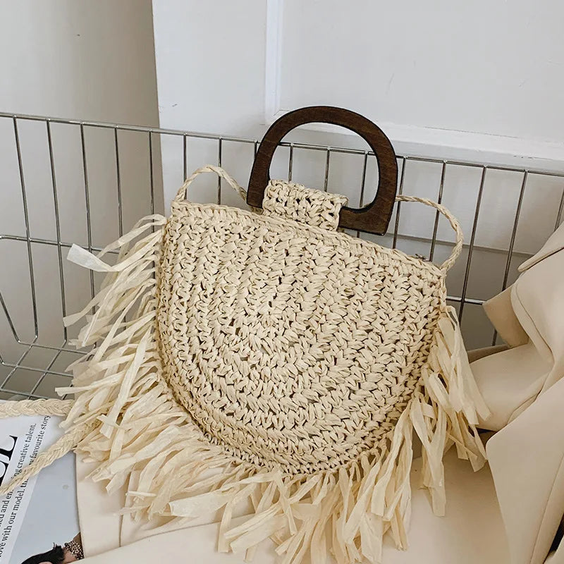 Tassel Straw Crossbody Bag for Women – Handwoven Semicircle Beach Handbag