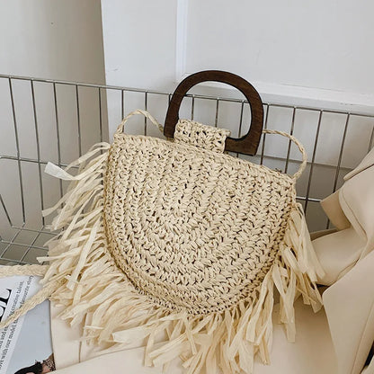 Tassel Straw Crossbody Bag for Women – Handwoven Semicircle Beach Handbag