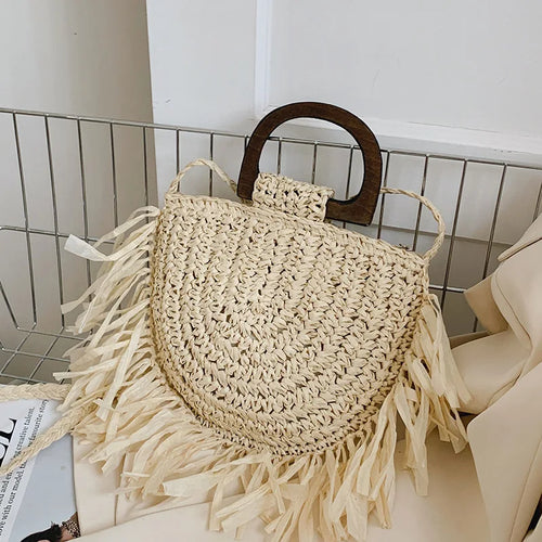 Tassel Straw Crossbody Bag for Women – Handwoven Semicircle Beach Handbag