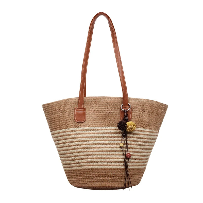 Straw Beach Tote Bag for Women – Large Handmade Stripe Shoulder Bag