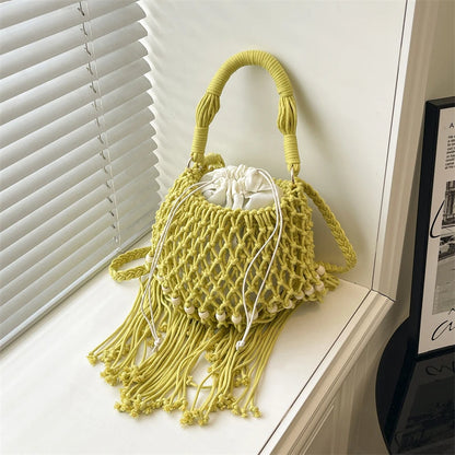 Moods Boho Style Shoulder Basket Bags Women 2-In-1 Yarn Knitted Drawstring Bucket Handbags Summer