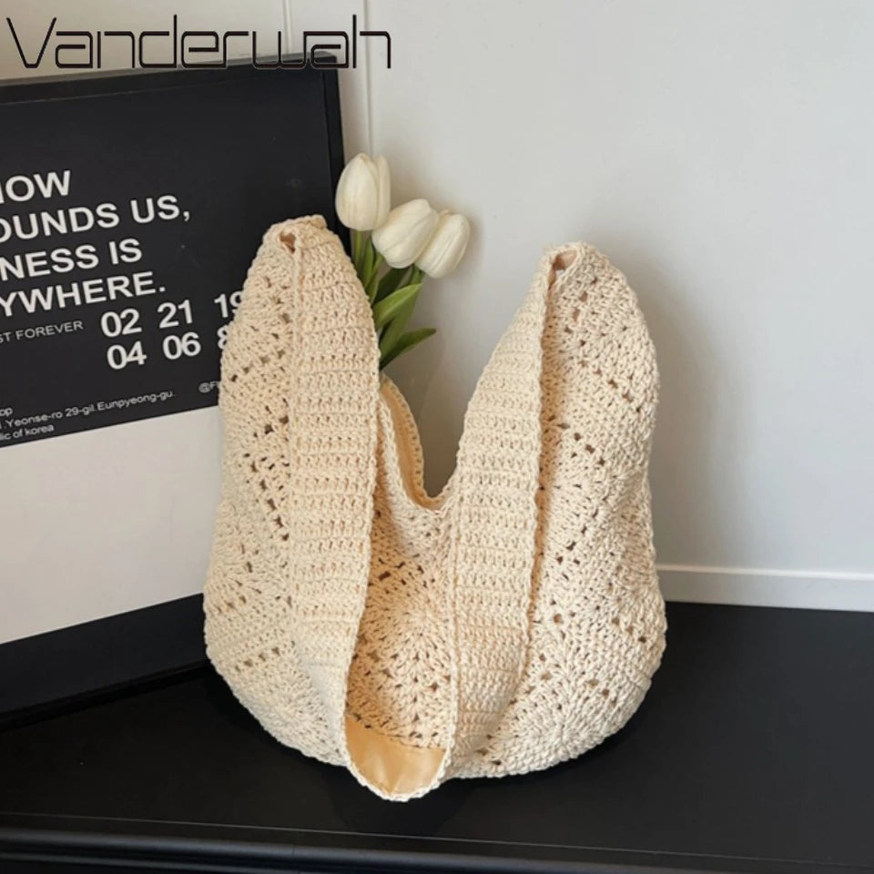 Crochet Hobo Shoulder Bag – Large Hollow-Out Woven Beach Bag