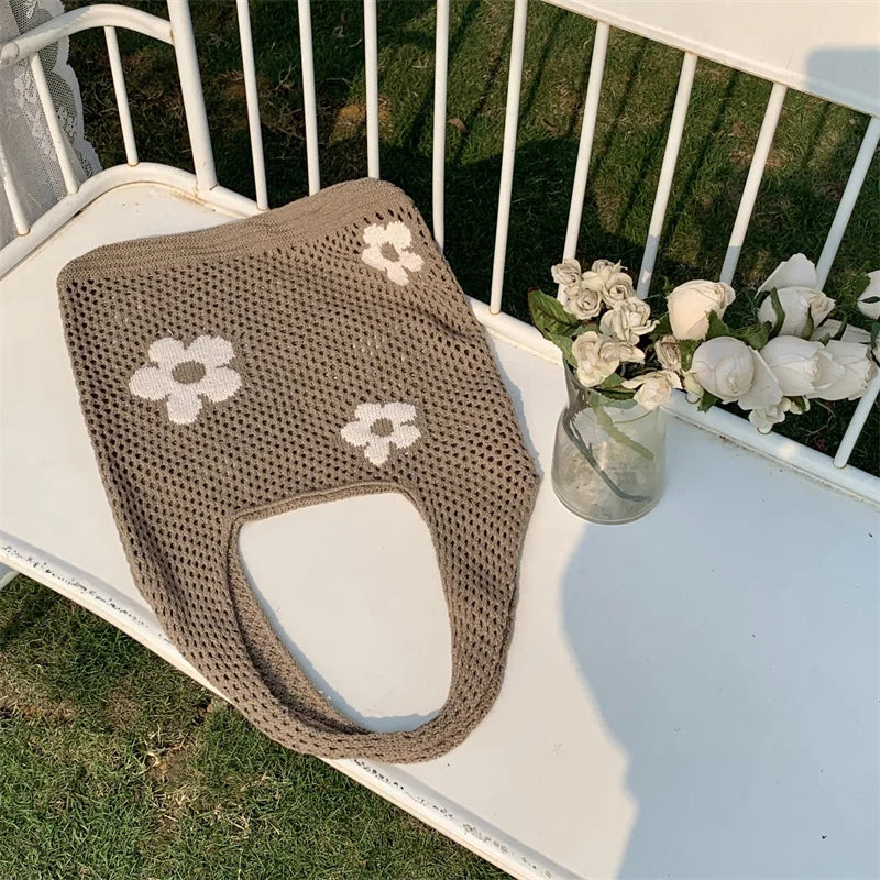 Flower Knit Hollow Tote Bag – Large Capacity Crochet Shoulder Bag for Women