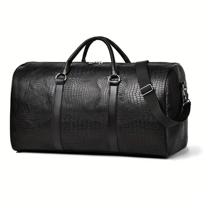 Crocodile-Textured Leather Duffle Bag – Large Capacity Travel & Gym Bag