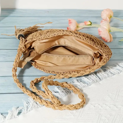 Round Straw Crossbody Bag with Tassel – Hollow Woven Purse