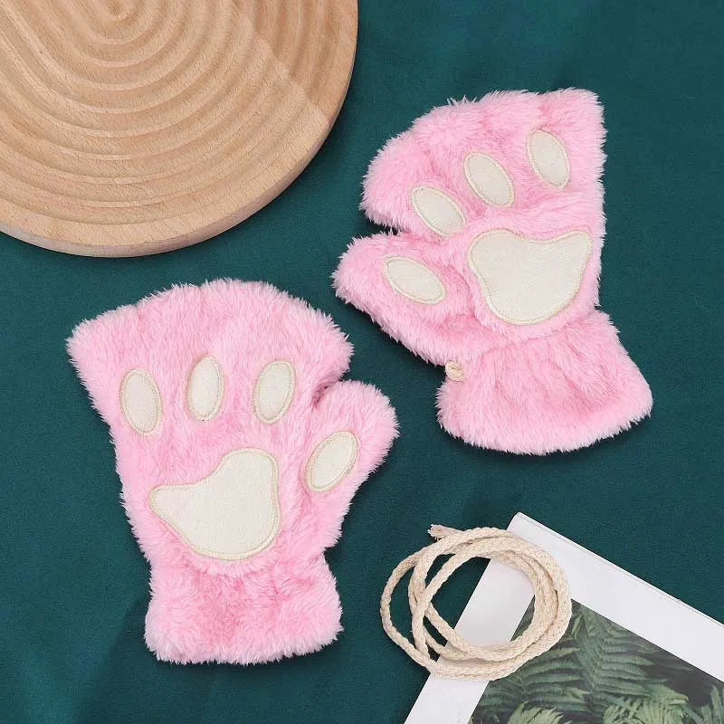 Cat Paw Fingerless Gloves – Cute Fluffy Winter Mittens for Women & Girls
