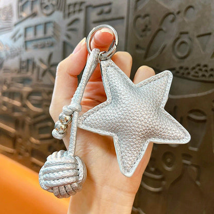 Star Leather Keychain Bag Charm with Woven Ball