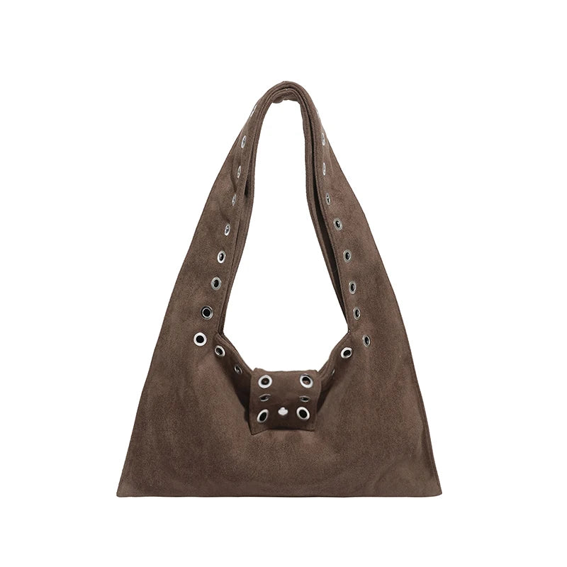 Suede Shoulder Bag – Women's Retro Hobo Bag with Eyelet Detail