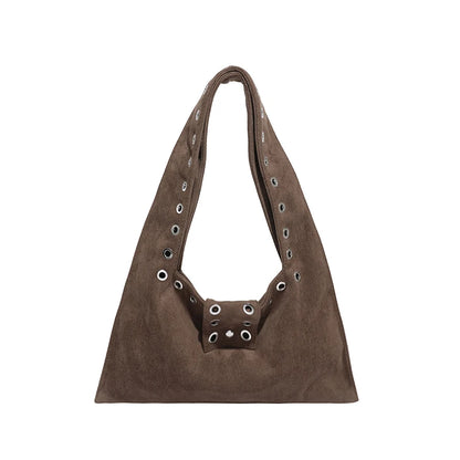 Suede Shoulder Bag – Women's Retro Hobo Bag with Eyelet Detail
