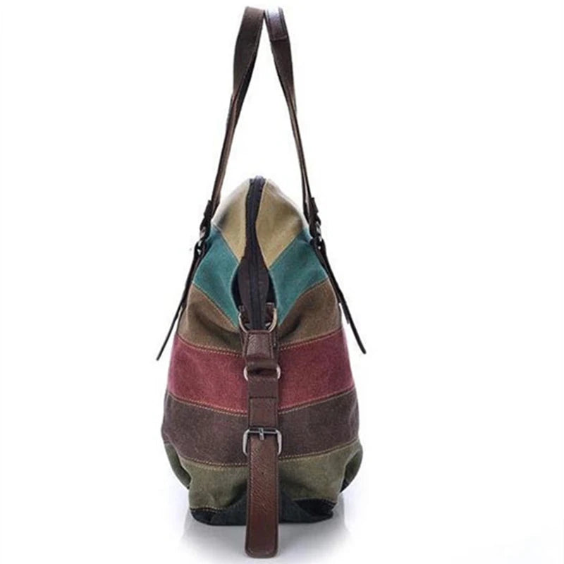 Rainbow Striped Canvas Shoulder Bag – Women's Patchwork Crossbody Tote